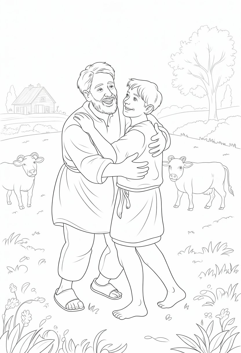 Christian Coloring Pages for Kids: 20 Inspirational Designs to Inspire Faith 39 A father warmly embraces his returning son in a countryside setting with a farmhouse and animals in the background.